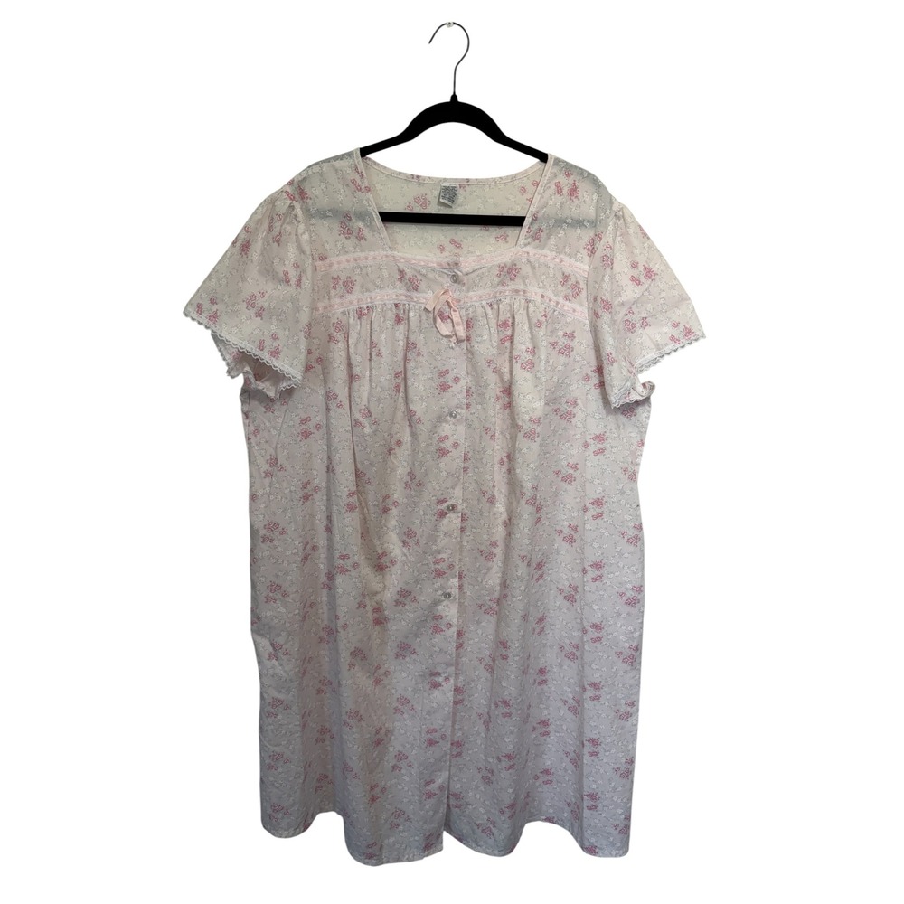 Vintage Womens White Pink Floral Cottagecore Nightgown 2XL Lace Trim Cotton
